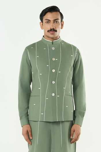 Line Out Line_Green Cotton Embroidery Warp Bundi Jacket And Kurta Set _at_Aza_Fashions
