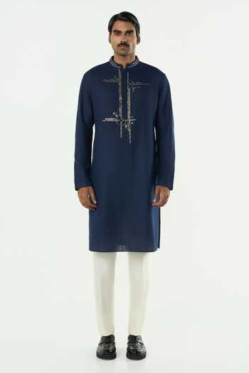 Buy_Line Out Line_Navy Cotton Beads, Zari Beam Pitta Embroidered Bundi And Kurta Set _Online_at_Aza_Fashions