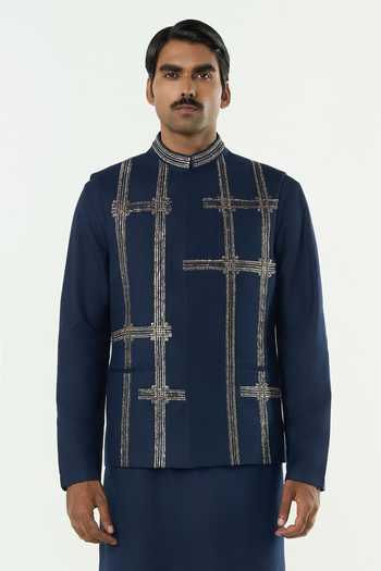 Line Out Line_Navy Cotton Beads, Zari Beam Pitta Embroidered Bundi And Kurta Set _at_Aza_Fashions