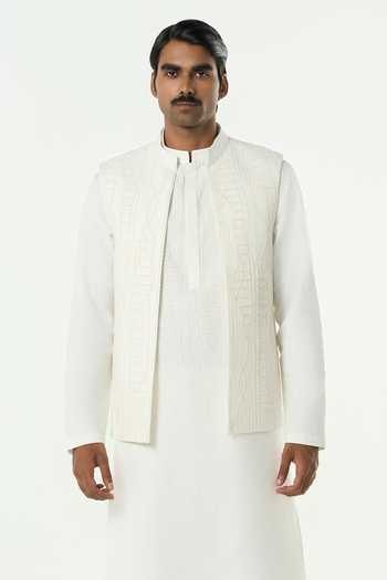 Shop_Line Out Line_Off White Cotton Beads Grill Grid Cutdana Work Bundi And Kurta Set _Online_at_Aza_Fashions