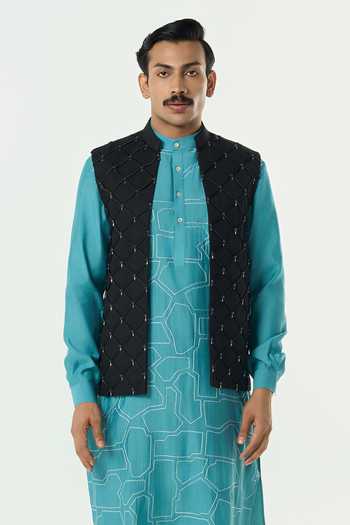 Line Out Line_Black Cotton Beads Urban Lustre Embellished Bundi And Kurta Set _at_Aza_Fashions
