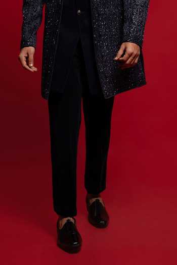 Sven Suits_Blue Velvet Embroidered Sherwani Set _Online_at_Aza_Fashions