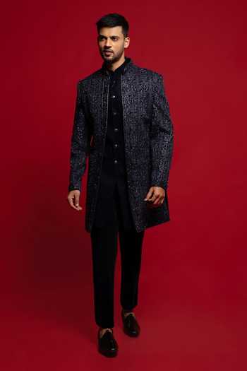 Buy_Sven Suits_Blue Velvet Embroidered Sherwani Set _Online_at_Aza_Fashions