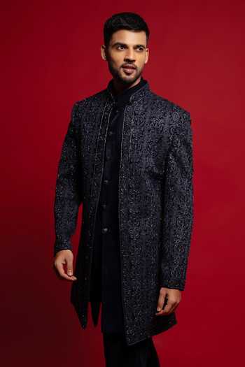 Shop_Sven Suits_Blue Velvet Embroidered Sherwani Set _Online_at_Aza_Fashions