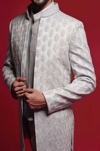 Shop_Sven Suits_Blue Silk Thread Embroidered Sherwani Set _Online_at_Aza_Fashions