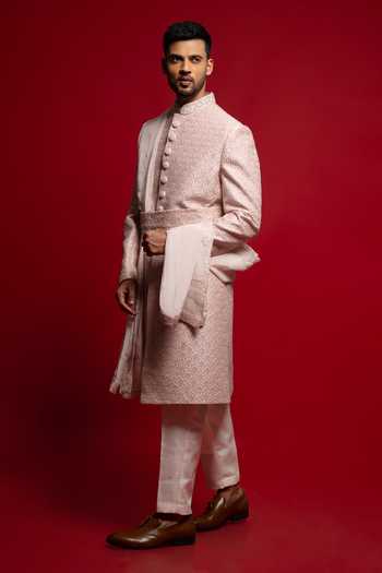 Shop_Sven Suits_Purple Silk Embroidered Sherwani Set _Online_at_Aza_Fashions
