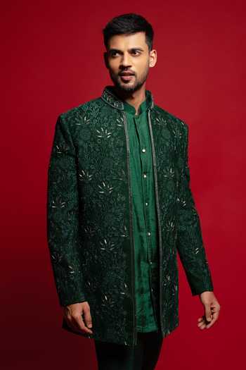 Shop_Sven Suits_Green Velvet Embroidered Sherwani And Kurta Set _Online_at_Aza_Fashions