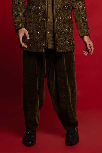 Buy_Sven Suits_Green Velvet Embroidered Sherwani Set _Online_at_Aza_Fashions