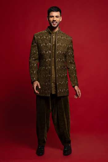Shop_Sven Suits_Green Velvet Embroidered Sherwani Set _Online_at_Aza_Fashions