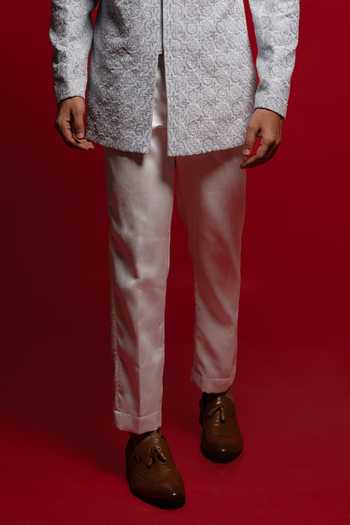 Sven Suits_Blue Velvet Embroidery, Beads Bandhgala Set _Online_at_Aza_Fashions