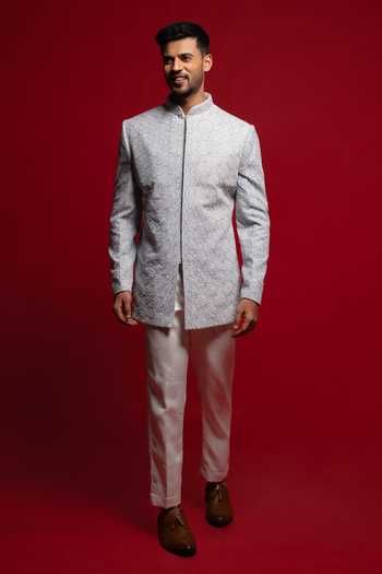 Buy_Sven Suits_Blue Velvet Embroidery, Beads Bandhgala Set _Online_at_Aza_Fashions