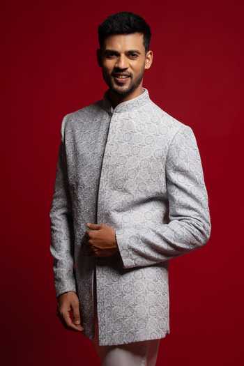 Shop_Sven Suits_Blue Velvet Embroidery, Beads Bandhgala Set _Online_at_Aza_Fashions