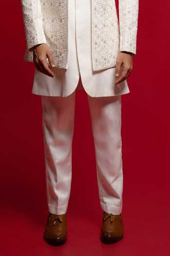 Sven Suits_White Silk Embroidery, Beads, Zari, Stones, Cut Work Front Open Sherwani Set _Online_at_Aza_Fashions
