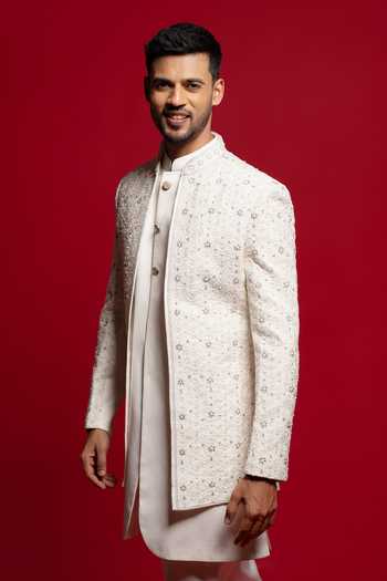 Buy_Sven Suits_White Silk Embroidery, Beads, Zari, Stones, Cut Work Front Open Sherwani Set _Online_at_Aza_Fashions