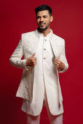 Shop_Sven Suits_White Silk Embroidery, Beads, Zari, Stones, Cut Work Front Open Sherwani Set _Online_at_Aza_Fashions