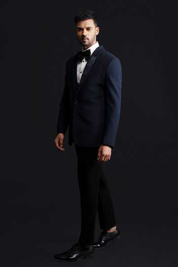 Sven Suits_Blue Polyester Textured Embroidered Blazer Set _Online_at_Aza_Fashions