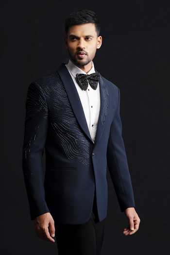 Shop_Sven Suits_Blue Polyester Textured Embroidered Blazer Set _Online_at_Aza_Fashions