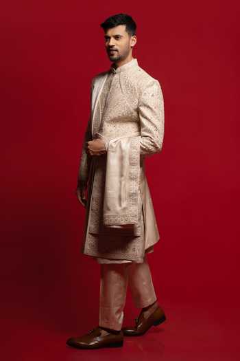 Sven Suits_Beige Silk Embroidered Sherwani And Kurta Set _Online_at_Aza_Fashions