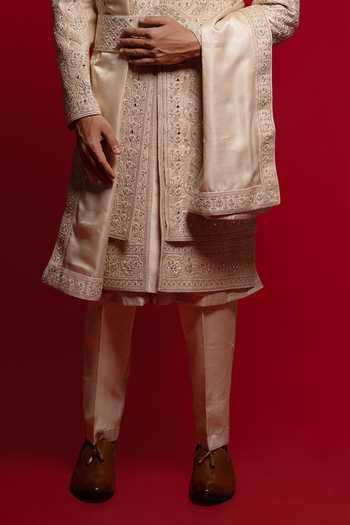 Buy_Sven Suits_Beige Silk Embroidered Sherwani And Kurta Set _Online_at_Aza_Fashions