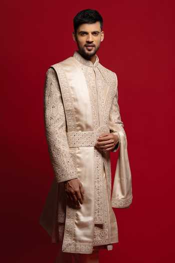 Shop_Sven Suits_Beige Silk Embroidered Sherwani And Kurta Set _Online_at_Aza_Fashions