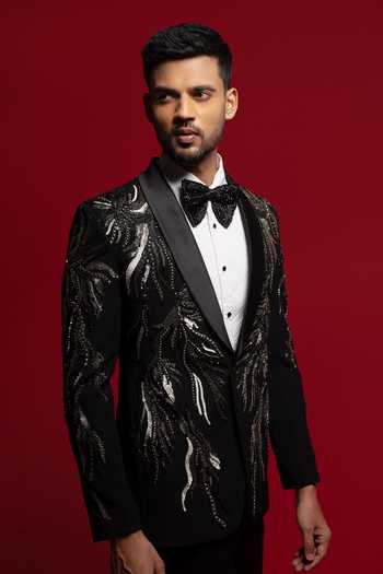 Buy_Sven Suits_Black Viscose, Polyester Embroidered Blazer Set _Online_at_Aza_Fashions