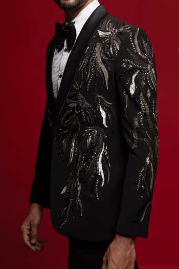 Shop_Sven Suits_Black Viscose, Polyester Embroidered Blazer Set _Online_at_Aza_Fashions