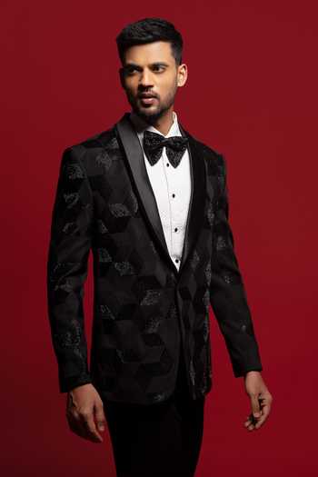 Buy_Sven Suits_Black Viscose, Polyester Geometric Embroidered Blazer Set _Online_at_Aza_Fashions