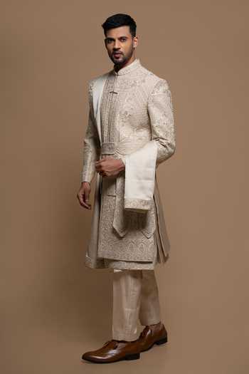 Sven Suits_Off White Silk Embroidered Sherwani Set _Online_at_Aza_Fashions