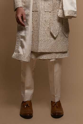 Buy_Sven Suits_Off White Silk Embroidered Sherwani Set _Online_at_Aza_Fashions