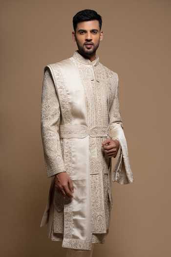 Shop_Sven Suits_Off White Silk Embroidered Sherwani Set _Online_at_Aza_Fashions