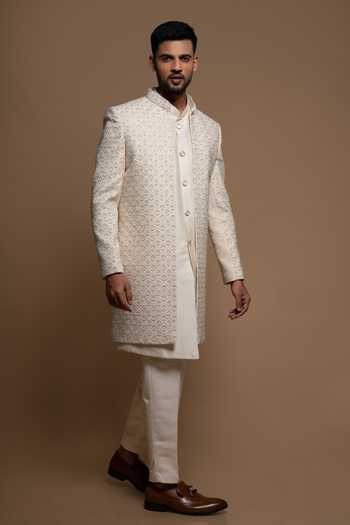 Shop_Sven Suits_Off White Silk Embroidered Sherwani And Kurta Set _Online_at_Aza_Fashions