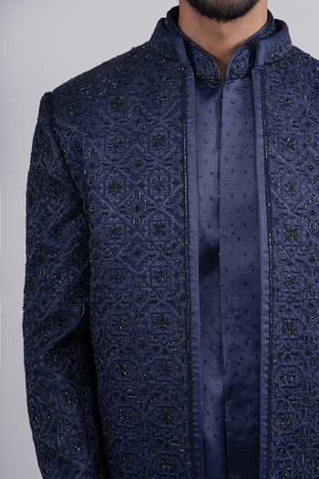 Buy_Sven Suits_Blue Silk Embroidery, Stones, Cut Work Sherwani Jacket Set _Online_at_Aza_Fashions