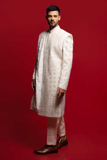 Sven Suits_White Silk Embroidered Sherwani Set _Online_at_Aza_Fashions