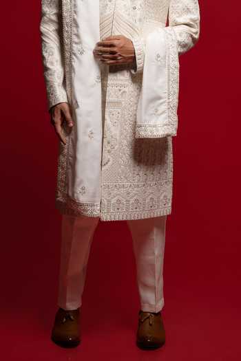 Buy_Sven Suits_White Silk Embroidered Sherwani Set _Online_at_Aza_Fashions