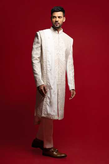 Shop_Sven Suits_White Silk Embroidered Sherwani Set _Online_at_Aza_Fashions