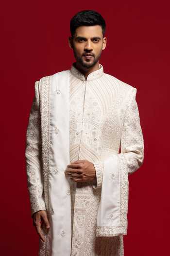 Sven Suits_White Silk Embroidered Sherwani Set _at_Aza_Fashions