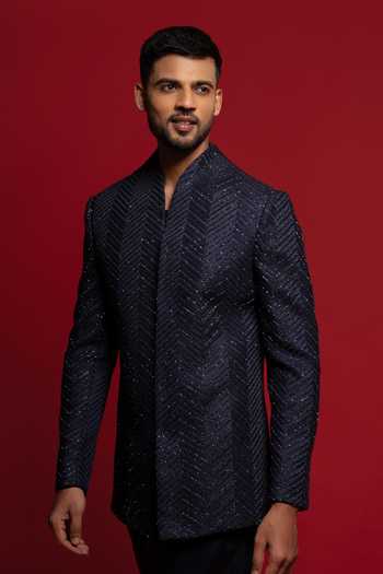 Buy_Sven Suits_Blue Silk Stones Cutdana Embroidered Bandhgala Set _Online_at_Aza_Fashions