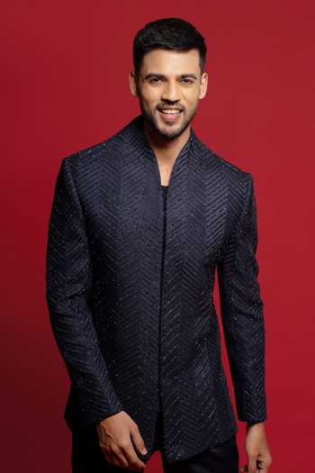 Shop_Sven Suits_Blue Silk Stones Cutdana Embroidered Bandhgala Set _Online_at_Aza_Fashions