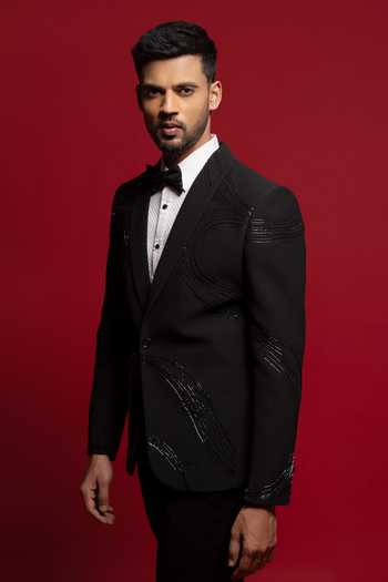 Sven Suits_Black Viscose, Polyester Cutdana Embroidered Blazer Set _Online_at_Aza_Fashions