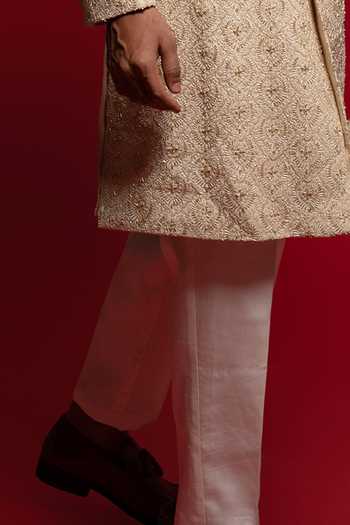 Sven Suits_Beige Silk Cutdana Embroidered Sherwani Set _Online_at_Aza_Fashions