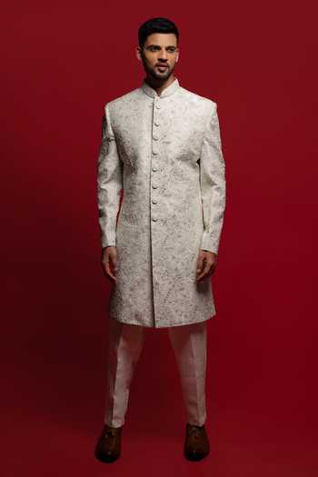 Sven Suits_Mint Silk Stone Embroidered Sherwani Set _Online_at_Aza_Fashions