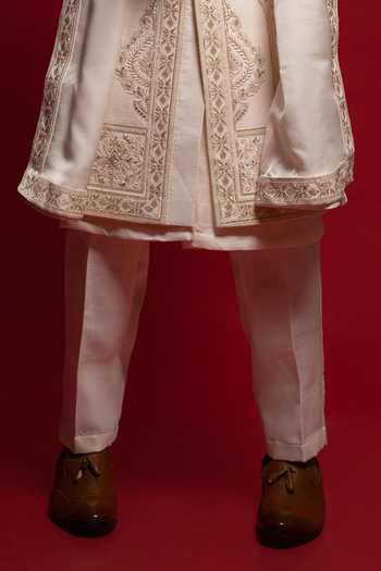 Sven Suits_Off White Silk Zari Embroidered Sherwani Set _Online_at_Aza_Fashions