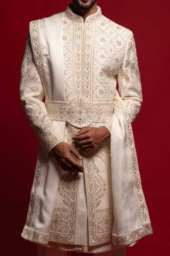 Buy_Sven Suits_Off White Silk Zari Embroidered Sherwani Set _Online_at_Aza_Fashions