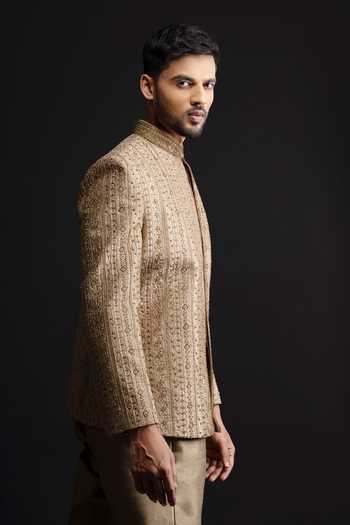 Buy_Sven Suits_Brown Silk Sequins Embroidered Bandhgala Set _Online_at_Aza_Fashions