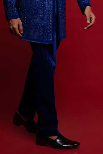 Sven Suits_Blue Velvet Embroidery, Beads, Stones Bandhgala And Kurta Set _Online_at_Aza_Fashions