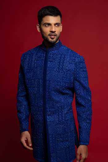 Buy_Sven Suits_Blue Velvet Embroidery, Beads, Stones Bandhgala And Kurta Set _Online_at_Aza_Fashions
