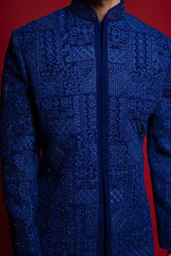 Shop_Sven Suits_Blue Velvet Embroidery, Beads, Stones Bandhgala And Kurta Set _Online_at_Aza_Fashions