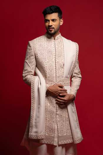Buy_Sven Suits_Pink Silk Embroidered Sherwani Set _Online_at_Aza_Fashions