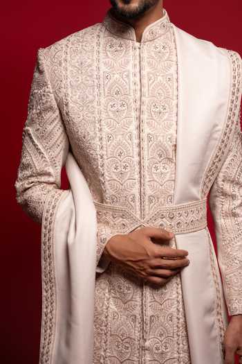 Shop_Sven Suits_Pink Silk Embroidered Sherwani Set _Online_at_Aza_Fashions