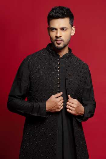 Sven Suits_Blue Silk Embroidery, Beads Thread Bundi And Kurta Set _Online_at_Aza_Fashions